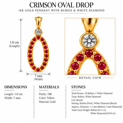 Crimson Oval Drop - 18K Gold Pendant with Rubies & White Diamonds by Bed of Stones Jewelry, close-up of ruby pavé and white diamond bezel setting with product dimensions and stone details diagram