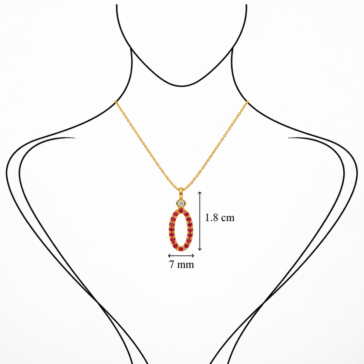 Crimson Oval Drop - 18K Gold Pendant with Rubies & White Diamonds by Bed of Stones Jewelry, illustration showing pendant placement