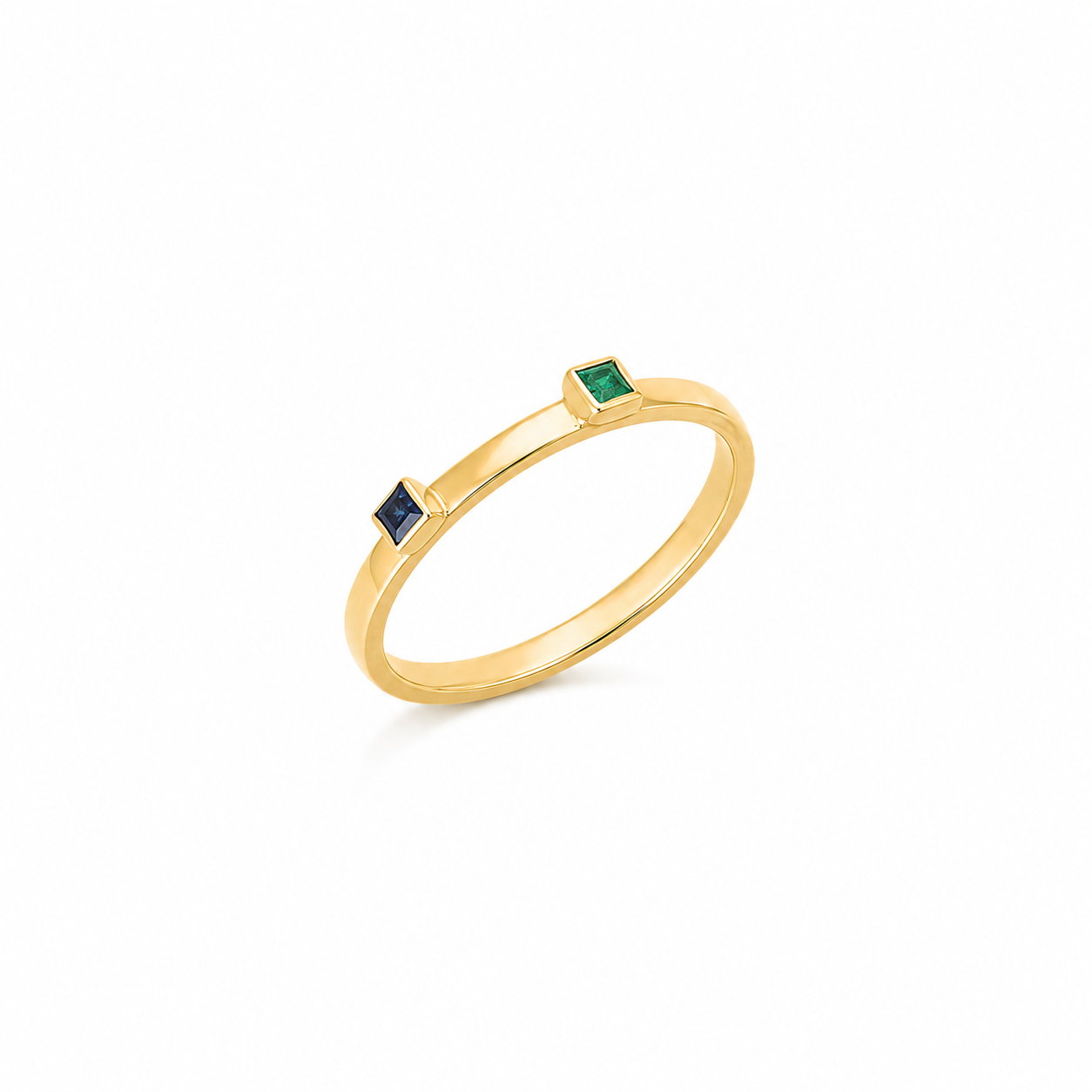 Twin Squares - 18K Gold Ring with Emerald & Blue Sapphire by Bed of Stones Jewelry
