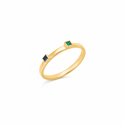 Twin Squares - 18K Gold Ring with Emerald & Blue Sapphire by Bed of Stones Jewelry
