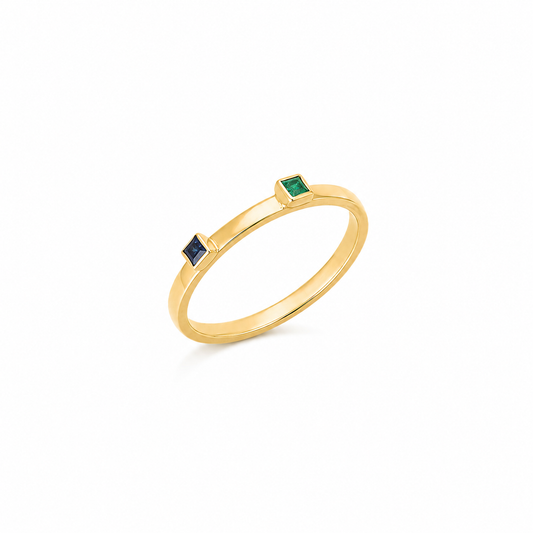 Twin Squares - 18K Gold Ring with Emerald & Blue Sapphire by Bed of Stones Jewelry
