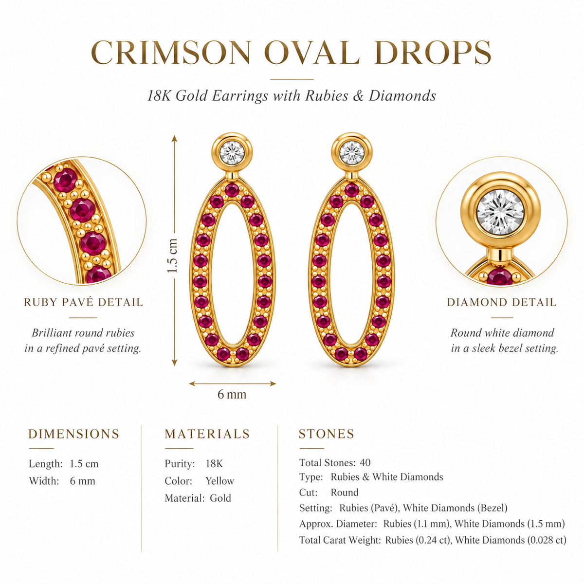 Crimson Oval Drops - 18K Gold Earrings with Rubies & Diamonds by Bed of Stones Jewelry, product dimensions and stone details diagram