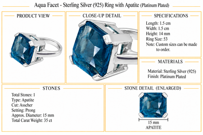 Aqua Facet - Sterling Silver (925) Ring with Apatite (Platinum Plated) by Bed of Stones Jewelry, product dimensions and stone details diagram