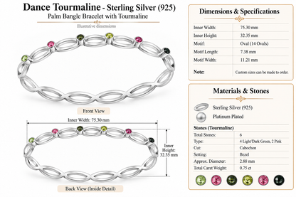 Dance Tourmaline - Sterling Silver (925) Palm Bangle Bracelet with Tourmaline by Bed of Stones Jewelry, close-up of cabochon-cut tourmaline bezel setting with product dimensions and stone details diagram