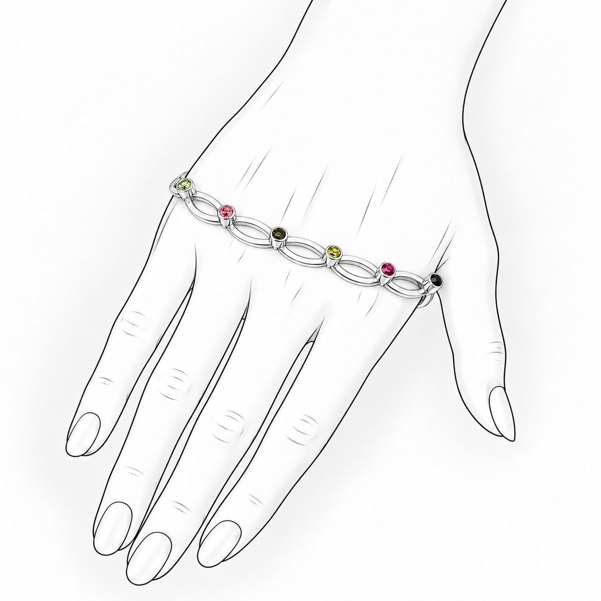 Dance Tourmaline - Sterling Silver (925) Palm Bangle Bracelet with Tourmaline by Bed of Stones Jewelry, illustration showing wrist placement
