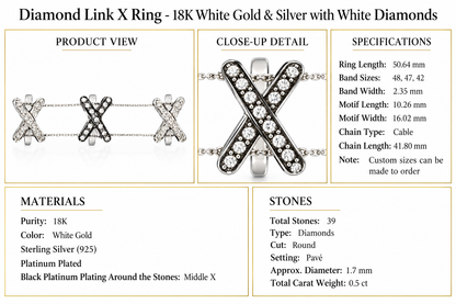 Diamond Link X Ring - 18K White Gold & Silver with White Diamonds by Bed of Stones Jewelry, product dimensions and stone details diagram