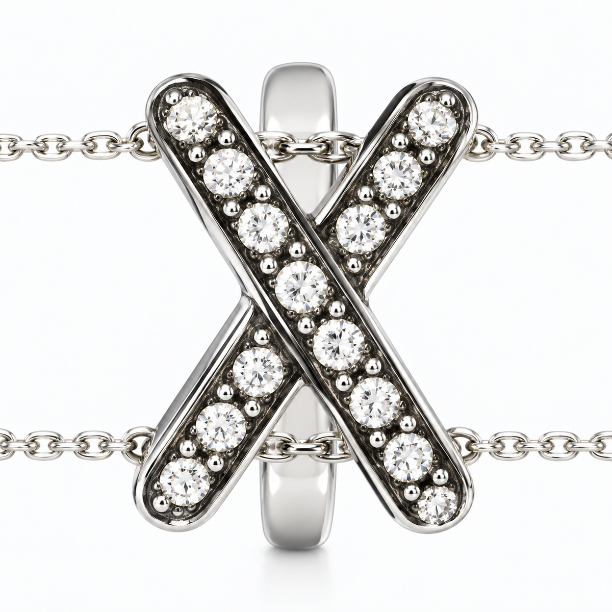 Close-up of round-cut white diamond pavé setting on Diamond Link X Ring 18K White Gold & Silver by Bed of Stones Jewelry