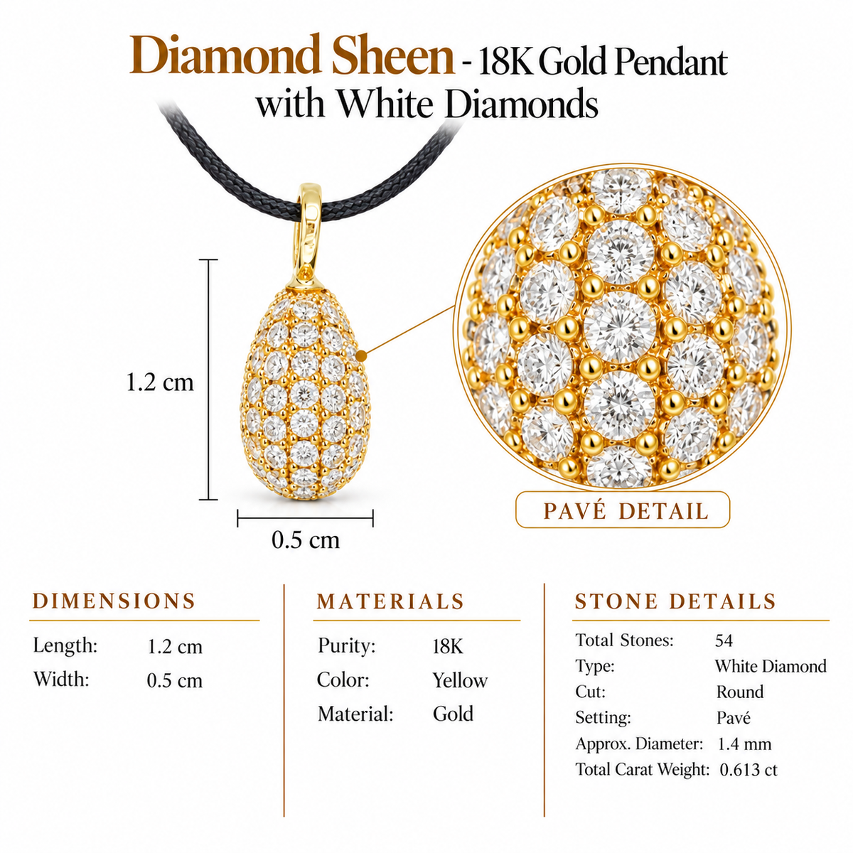 Diamond Sheen - 18K Gold Pendant with White Diamonds by Bed of Stones Jewelry, close-up of white diamond pavé setting with product dimensions and stone details diagram