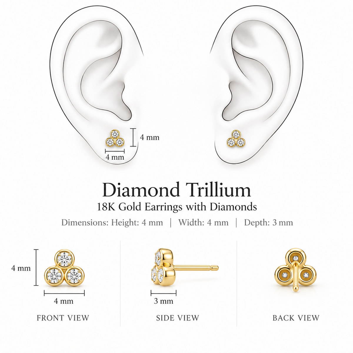 Diamond Trillium Earrings by Bed of Stones Jewelry, illustration showing ear placement