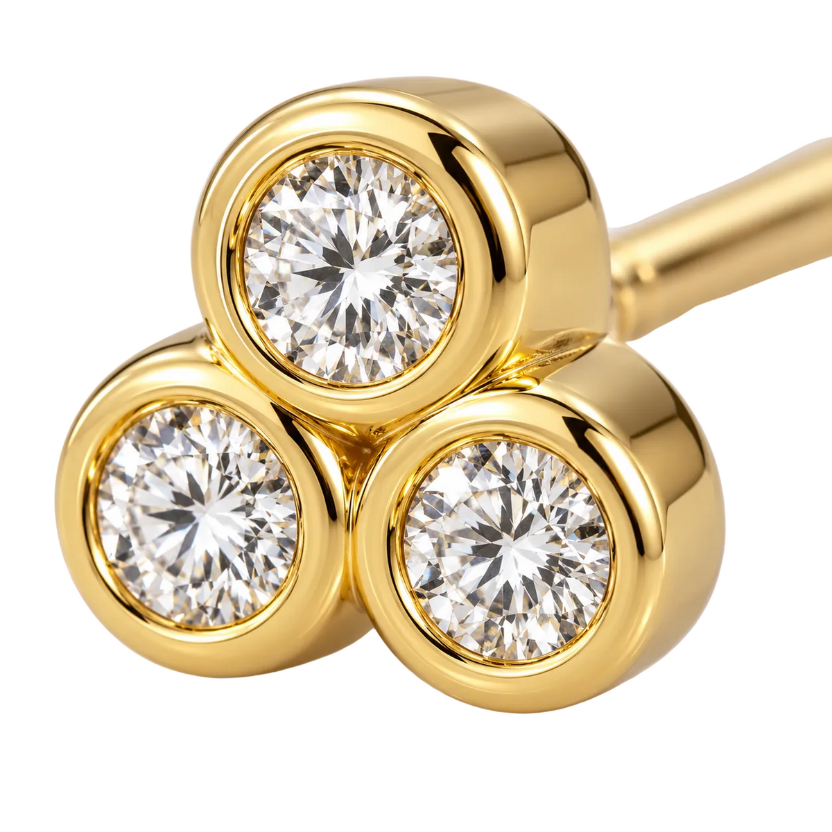 Close-up of diamond bezel setting on Diamond Trillium Earrings by Bed of Stones Jewelry