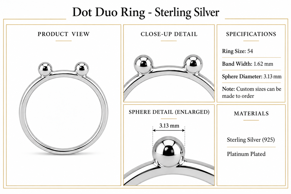 Dot Duo Ring - Sterling Silver by Bed of Stones Jewelry, product dimensions and sphere details diagram