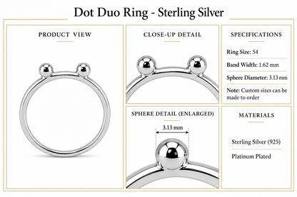 Dot Duo Ring - Sterling Silver by Bed of Stones Jewelry, product dimensions and sphere details diagram