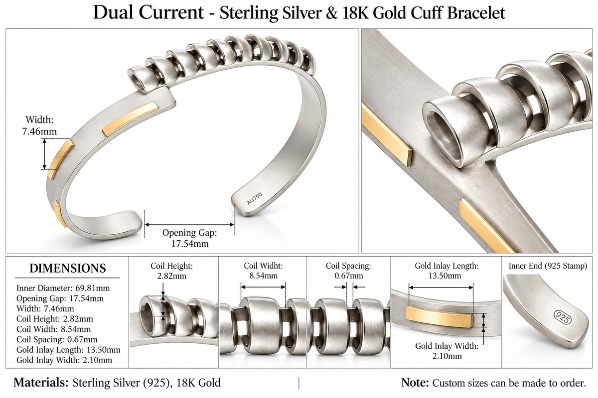 Dual Current - Sterling Silver & 18K Gold Cuff Bracelet by Bed of Stones Jewelry, product dimensions diagram