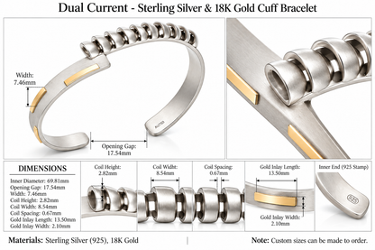 Dual Current - Sterling Silver & 18K Gold Cuff Bracelet by Bed of Stones Jewelry, product dimensions diagram