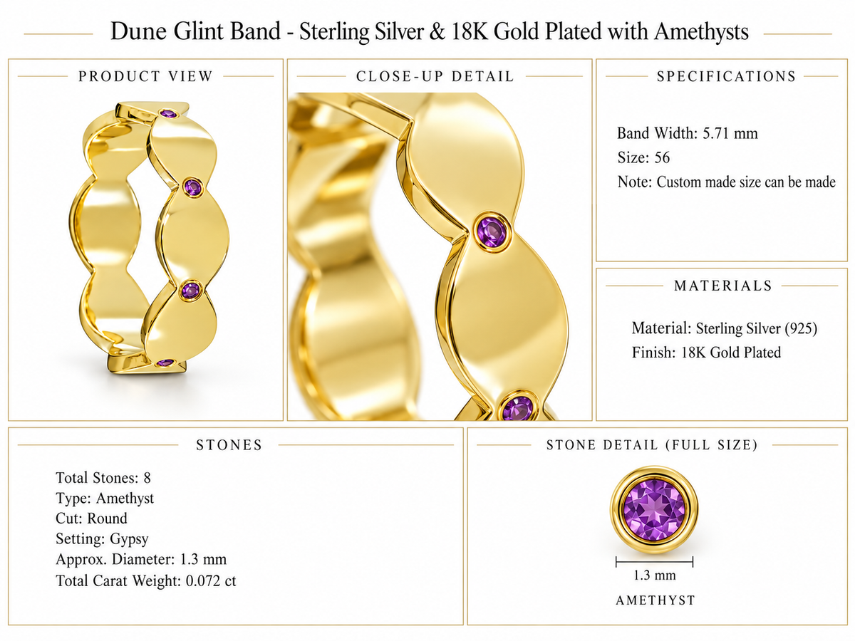 Dune Glint Band - Sterling Silver & 18K Gold Plated with Amethysts by Bed of Stones Jewelry, product dimensions and stone details diagram