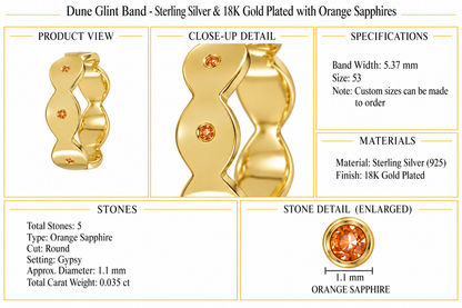 Dune Glint Band - Sterling Silver & 18K Gold Plated with Orange Sapphires by Bed of Stones Jewelry, product dimensions and stone details diagram