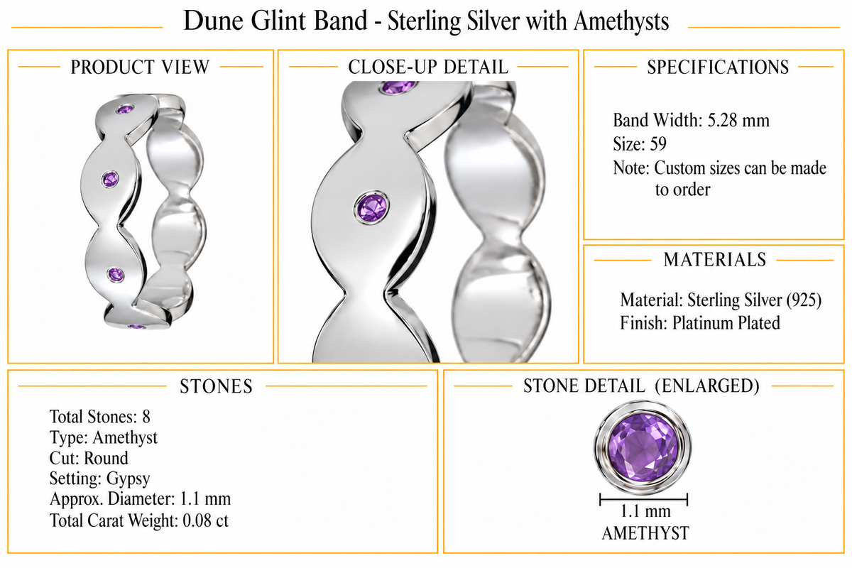 Dune Glint Band - Sterling Silver with Amethysts by Bed of Stones Jewelry, product dimensions and stone details diagram