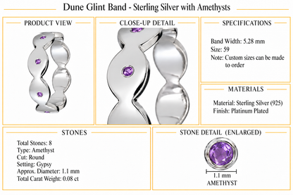 Dune Glint Band - Sterling Silver with Amethysts by Bed of Stones Jewelry, product dimensions and stone details diagram