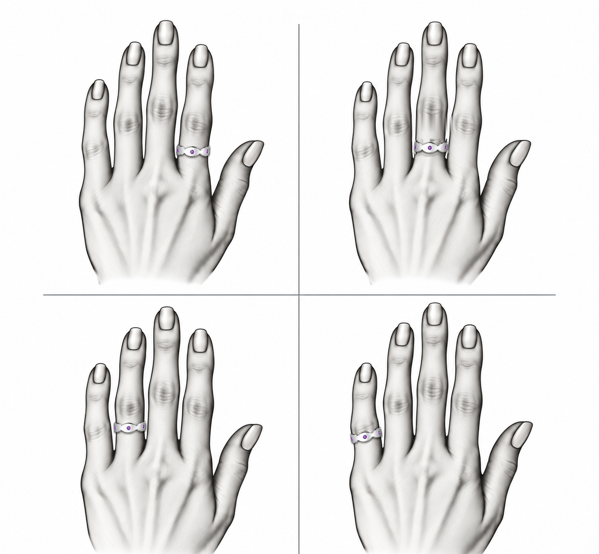 Dune Glint Band - Sterling Silver with Amethysts by Bed of Stones Jewelry, illustration showing ring placement