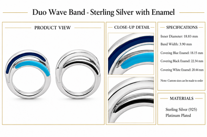 Duo Wave Band - Sterling Silver with Enamel by Bed of Stones Jewelry, product dimensions and enamel details diagram