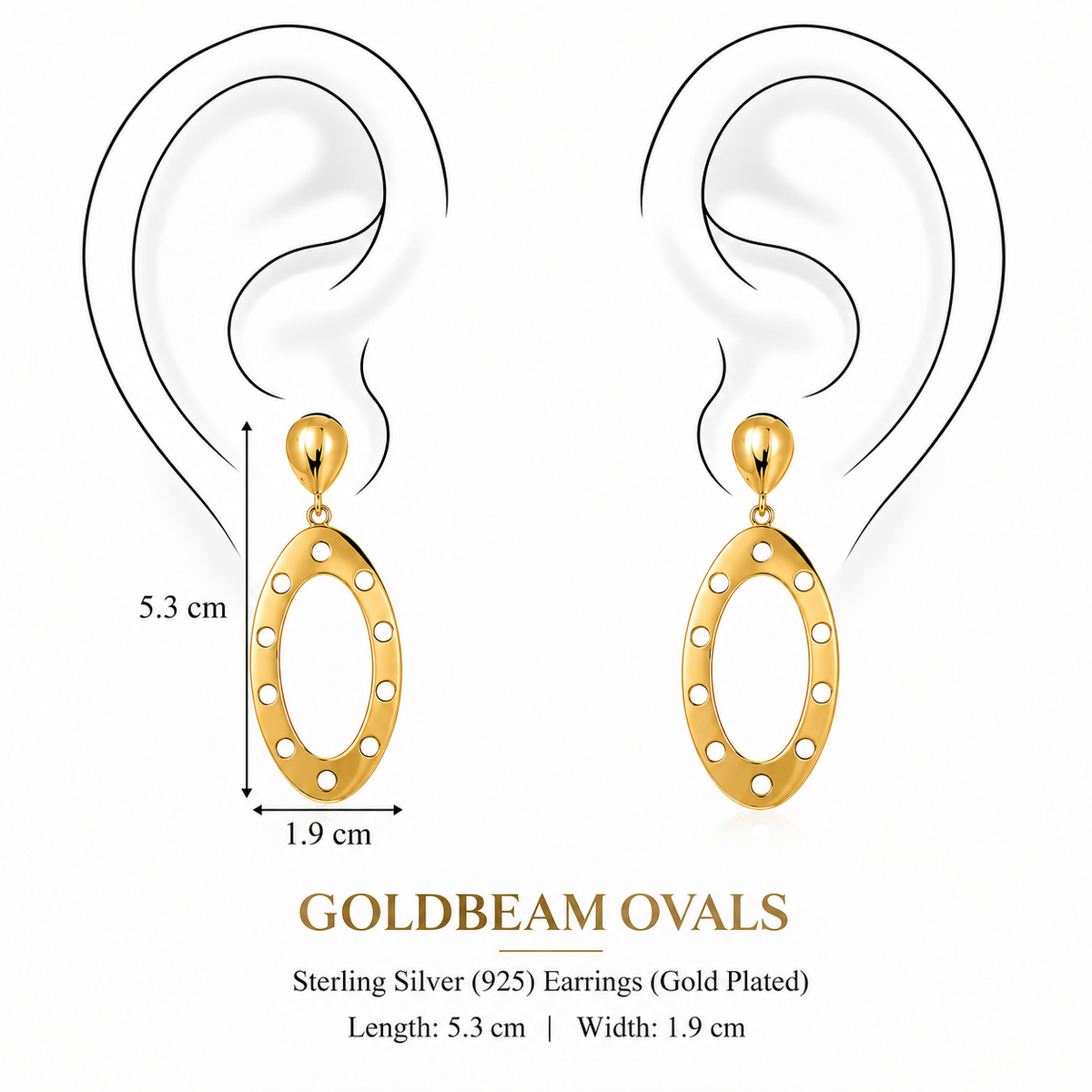 Goldbeam Ovals Earrings by Bed of Stones Jewelry, illustration showing ear placement