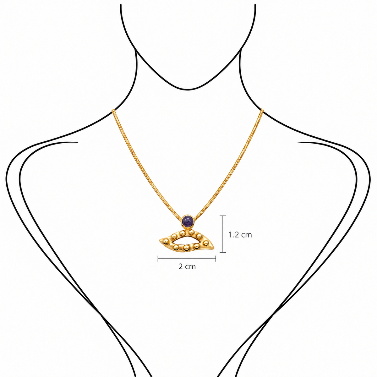 Gilded Glance - 18K Gold Pendant with Iolite by Bed of Stones Jewelry, illustration showing pendant placement