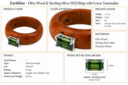 Earthline - Olive Wood & Sterling Silver (925) Ring with Green Tourmaline by Bed of Stones Jewelry, product dimensions and stone details diagram