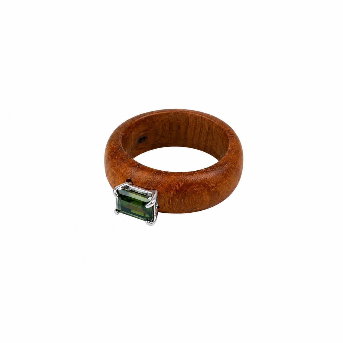 Earthline - Olive Wood & Sterling Silver (925) Ring with Green Tourmaline by Bed of Stones Jewelry