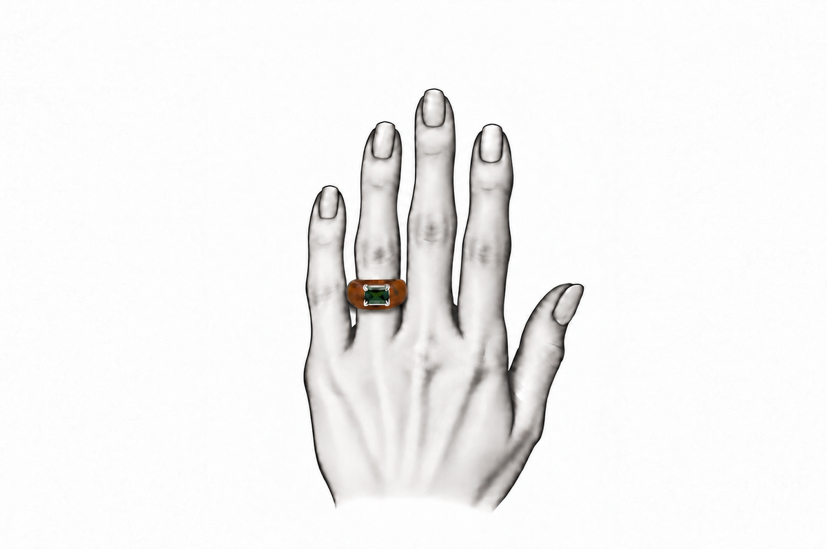 Earthline - Olive Wood & Sterling Silver (925) Ring with Green Tourmaline by Bed of Stones Jewelry, illustration showing ring placement