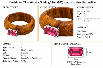 Earthline - Olive Wood & Sterling Silver (925) Ring with Pink Tourmaline by Bed of Stones Jewelry, product dimensions and stone details diagram