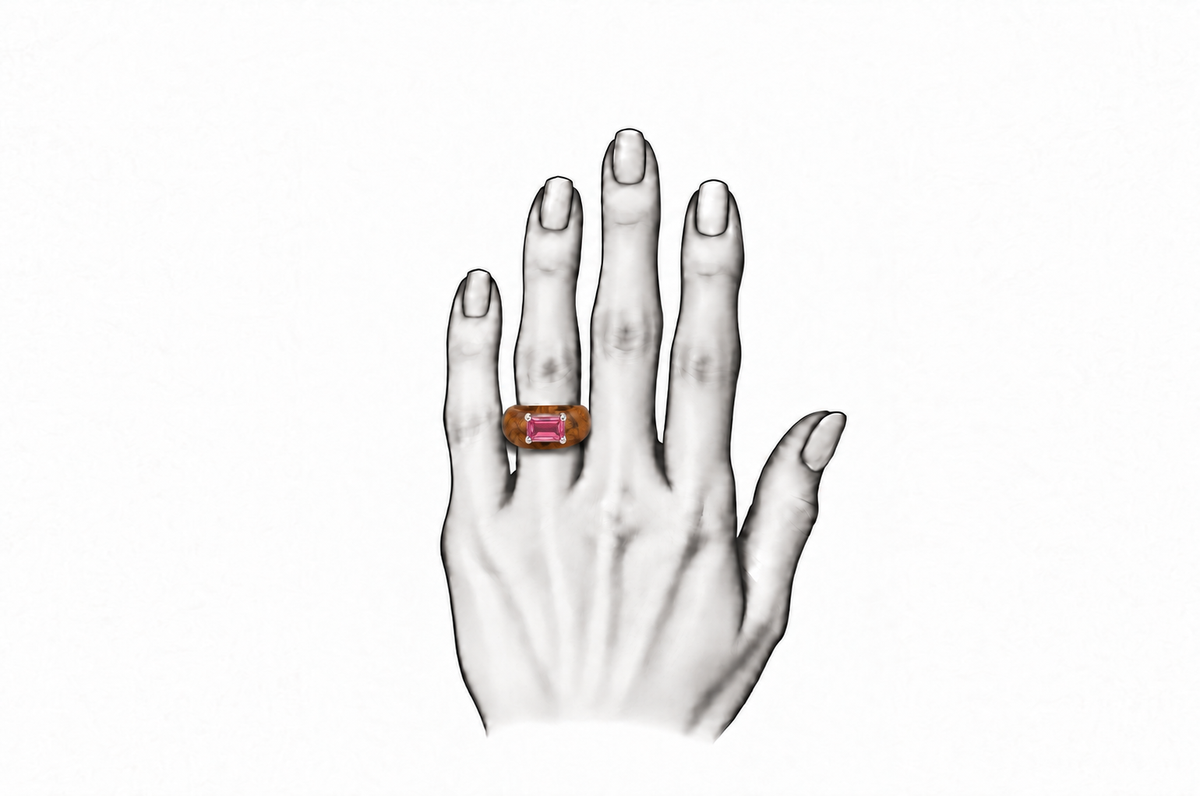 Earthline - Olive Wood & Sterling Silver (925) Ring with Pink Tourmaline by Bed of Stones Jewelry, illustration showing ring placement