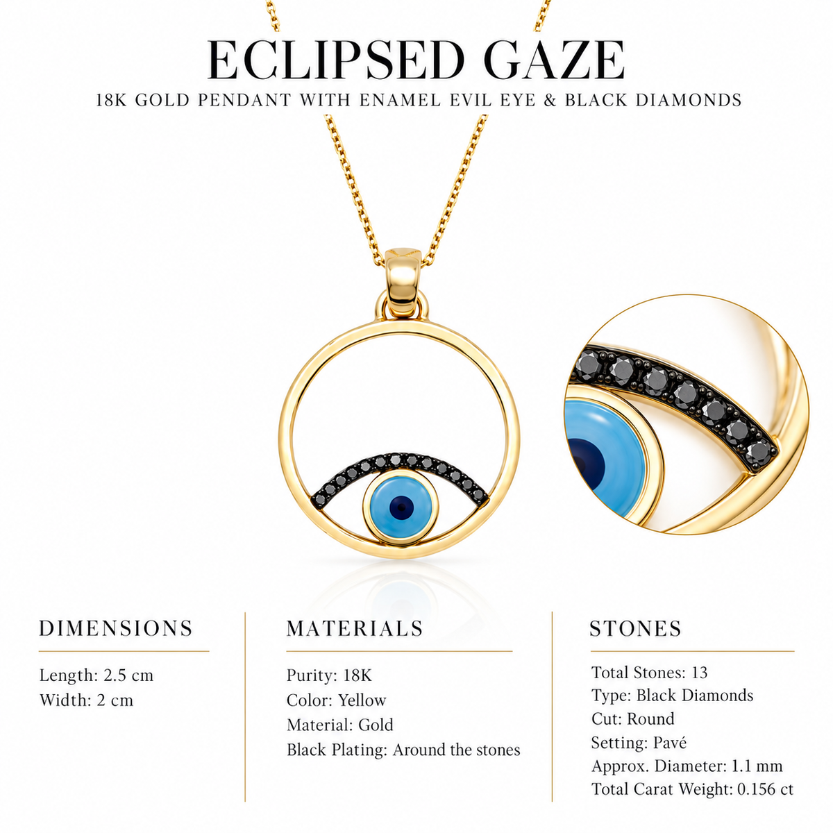 Eclipsed Gaze - 18K Gold Pendant with Enamel Evil Eye & Black Diamonds by Bed of Stones Jewelry, close-up of black diamond pavé setting with product dimensions and stone details diagram