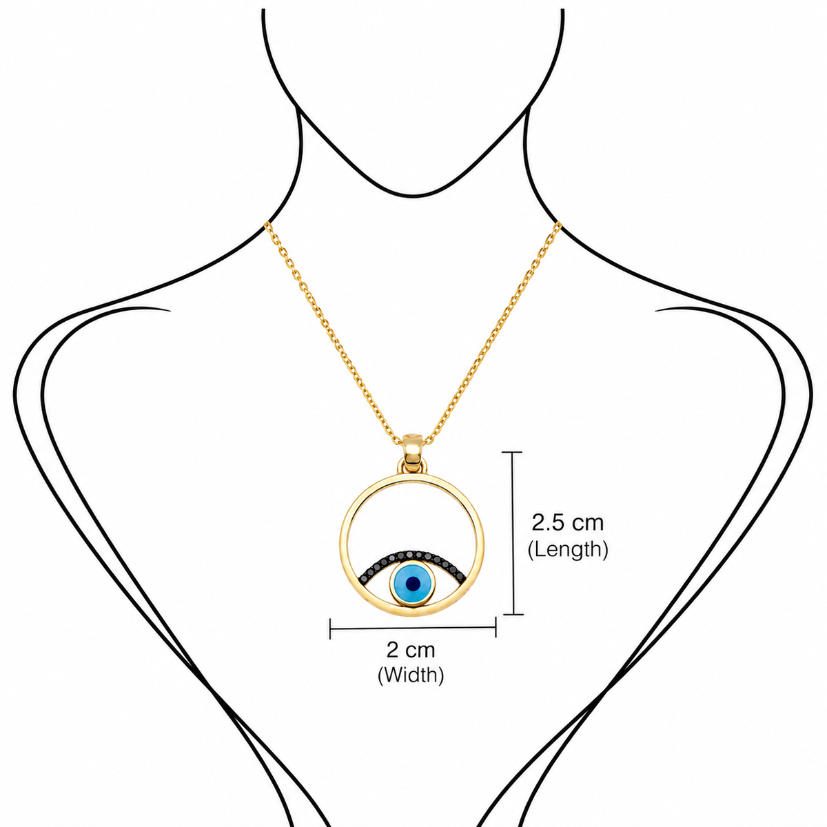 Eclipsed Gaze - 18K Gold Pendant with Enamel Evil Eye & Black Diamonds by Bed of Stones Jewelry, illustration showing pendant placement