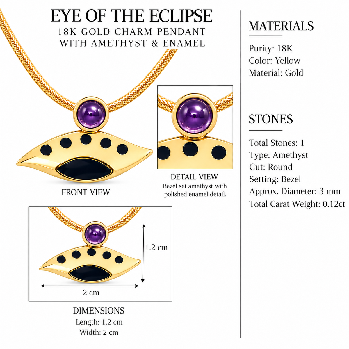 Eye of the Eclipse - 18K Gold Charm Pendant with Amethyst & Enamel by Bed of Stones Jewelry, close-up of amethyst bezel setting with product dimensions and stone details diagram