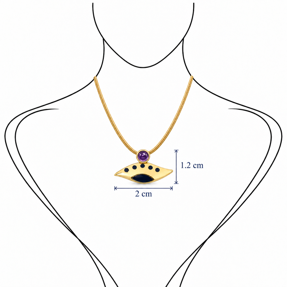Eye of the Eclipse - 18K Gold Charm Pendant with Amethyst & Enamel by Bed of Stones Jewelry, illustration showing pendant placement