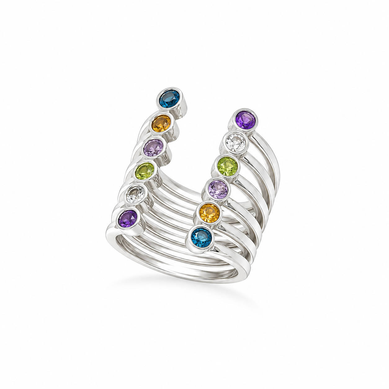 Prismatic Lines Ring - Sterling Silver with Multicolour Gemstones by Bed of Stones Jewelry
