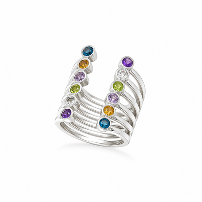 Prismatic Lines Ring - Sterling Silver with Multicolour Gemstones by Bed of Stones Jewelry
