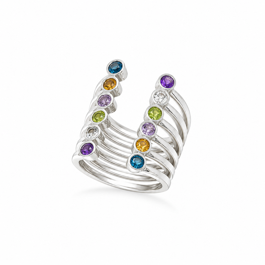 Prismatic Lines Ring - Sterling Silver with Multicolour Gemstones by Bed of Stones Jewelry
