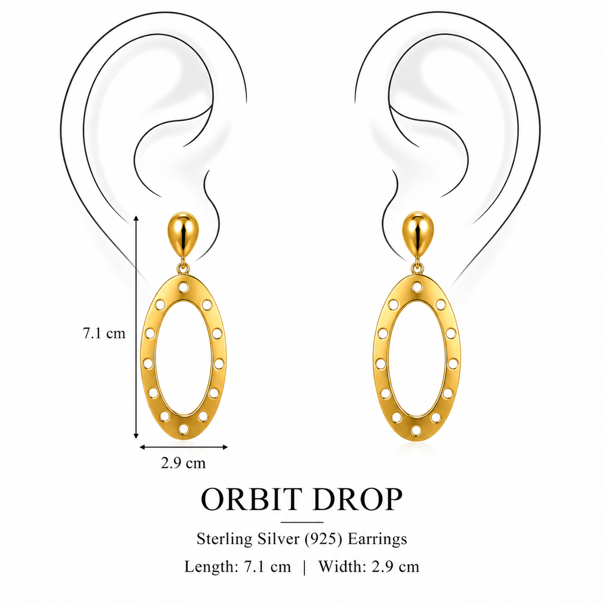 Orbit Drop Earrings by Bed of Stones Jewelry, illustration showing ear placement