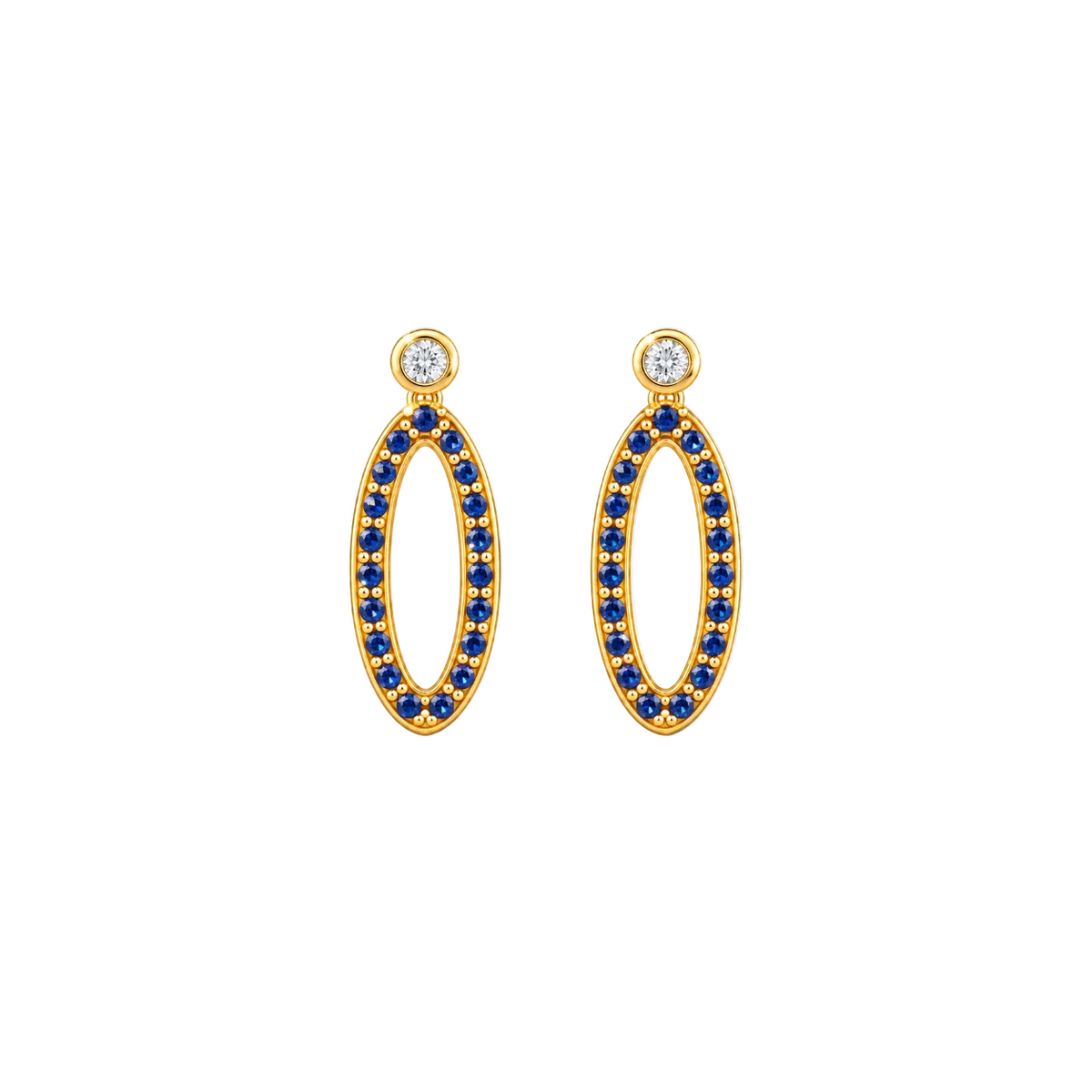 Blue Sapphire Oval Drops - 18K Gold Earrings with Blue Sapphires & Diamonds by Bed of Stones Jewelry