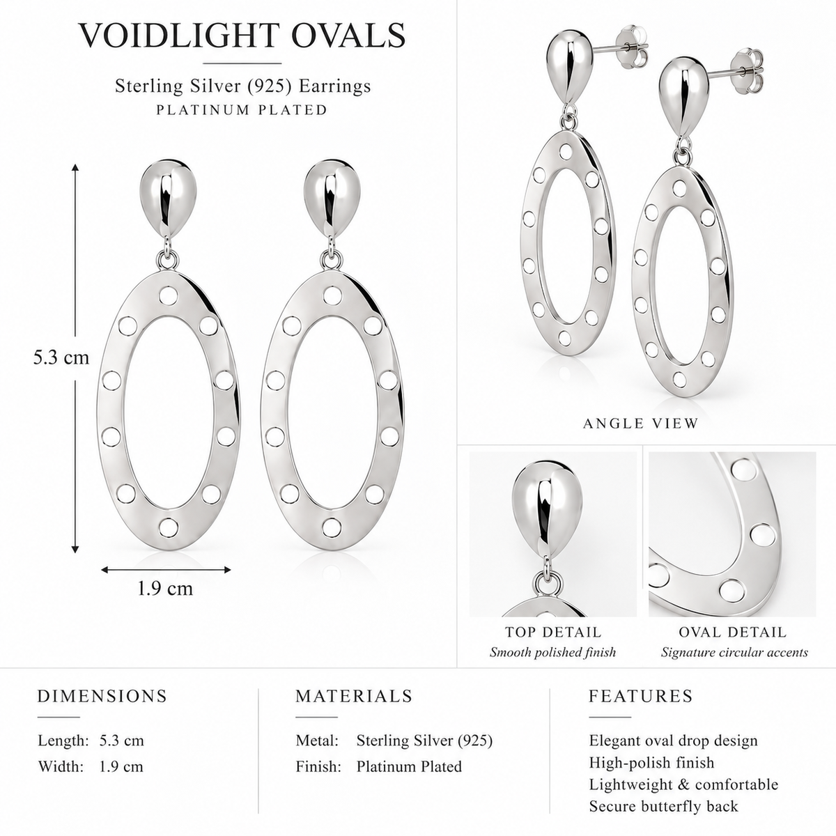 Voidlight Ovals - Sterling Silver (925) Earrings by Bed of Stones Jewelry, product dimensions diagram