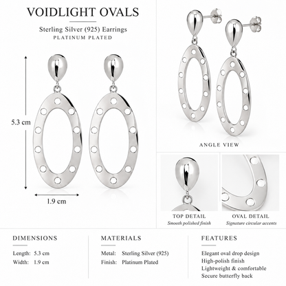 Voidlight Ovals - Sterling Silver (925) Earrings by Bed of Stones Jewelry, product dimensions diagram