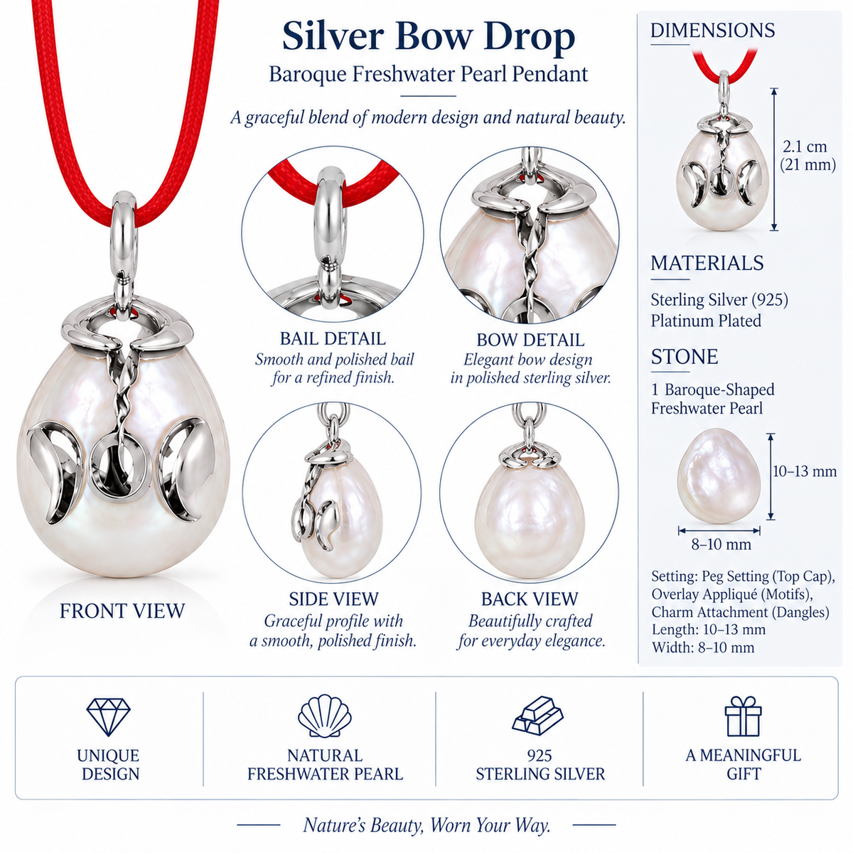 Silver Bow Drop - Baroque Freshwater Pearl Pendant in Sterling Silver (925) by Bed of Stones Jewelry, close-up of pearl peg setting with product dimensions and stone details diagram