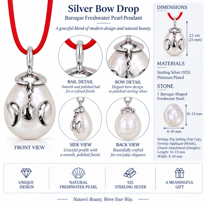 Silver Bow Drop - Baroque Freshwater Pearl Pendant in Sterling Silver (925) by Bed of Stones Jewelry, close-up of pearl peg setting with product dimensions and stone details diagram