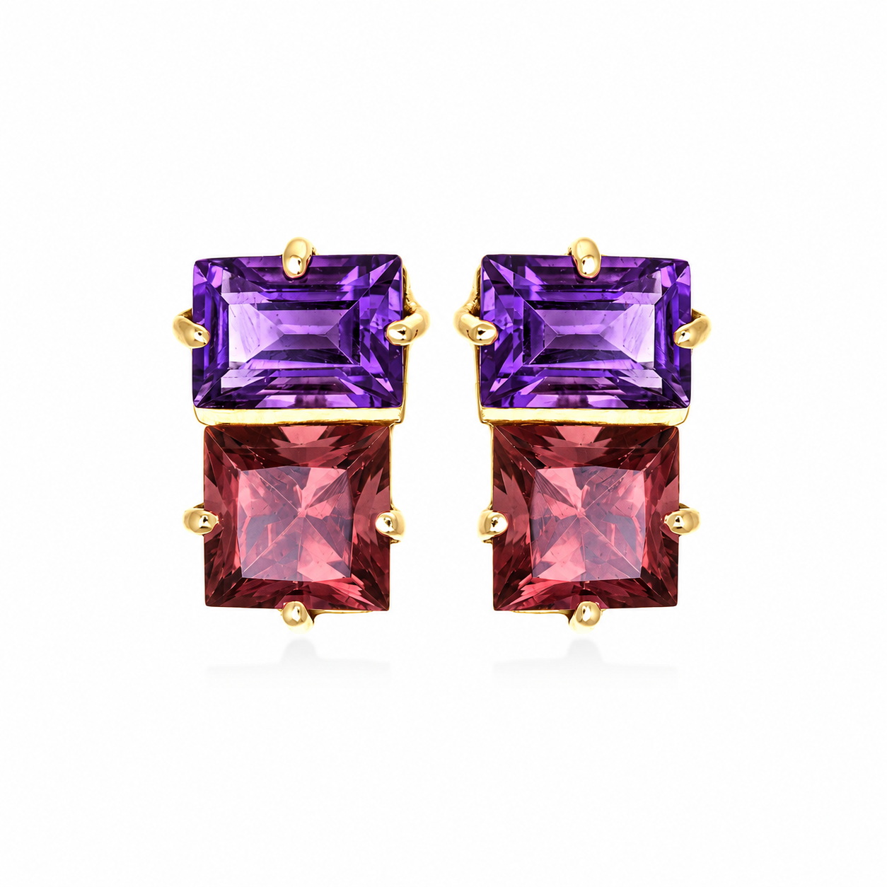 Twilight Duet - 18K Gold Earrings with Amethyst & Pink Tourmaline by Bed of Stones Jewelry
