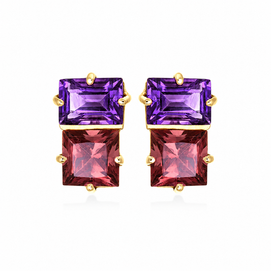 Twilight Duet - 18K Gold Earrings with Amethyst & Pink Tourmaline by Bed of Stones Jewelry

