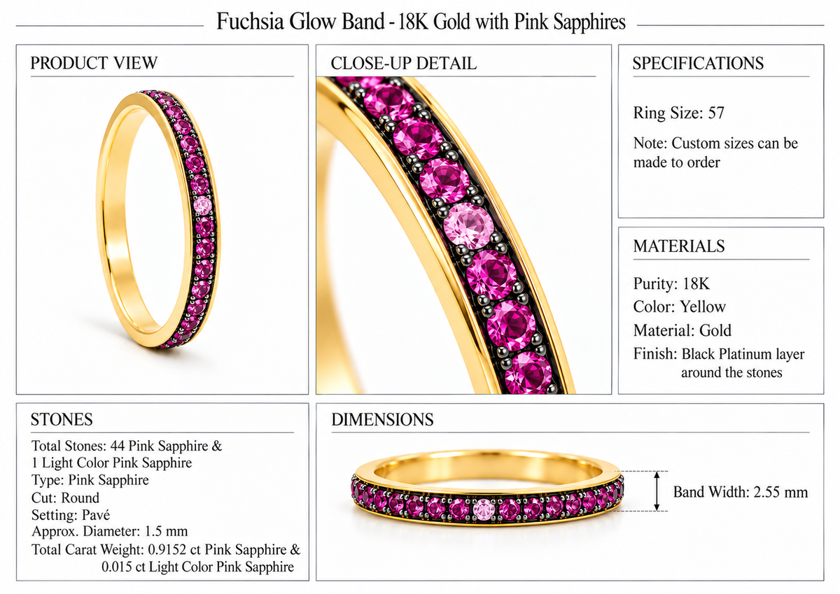 Fuchsia Glow Band - 18K Gold with Pink Sapphires by Bed of Stones Jewelry, product dimensions and stone details diagram