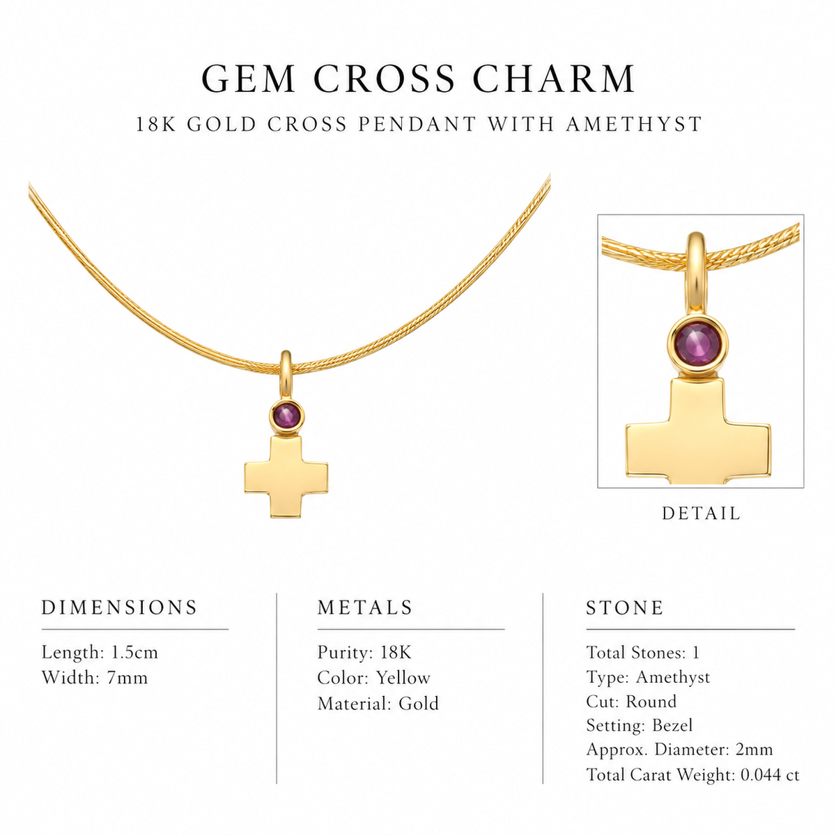 Gem Cross Charm - 18K Gold Cross Pendant with Amethyst by Bed of Stones Jewelry, close-up of amethyst bezel setting with product dimensions and stone details diagram