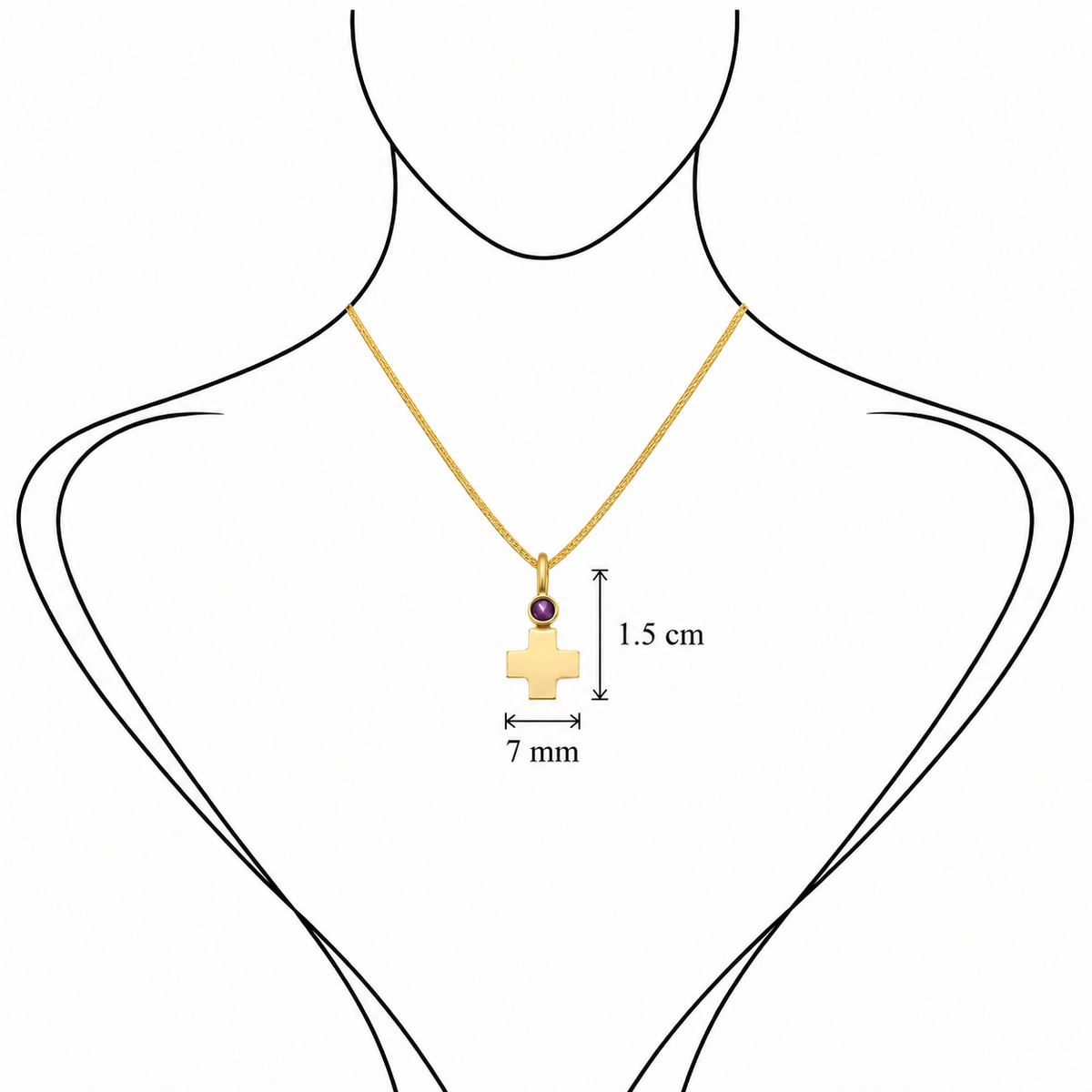 Gem Cross Charm - 18K Gold Cross Pendant with Amethyst by Bed of Stones Jewelry, illustration showing pendant placement