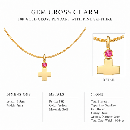 Gem Cross Charm - 18K Gold Cross Pendant with Pink Sapphire by Bed of Stones Jewelry, close-up of pink sapphire bezel setting with product dimensions and stone details diagram